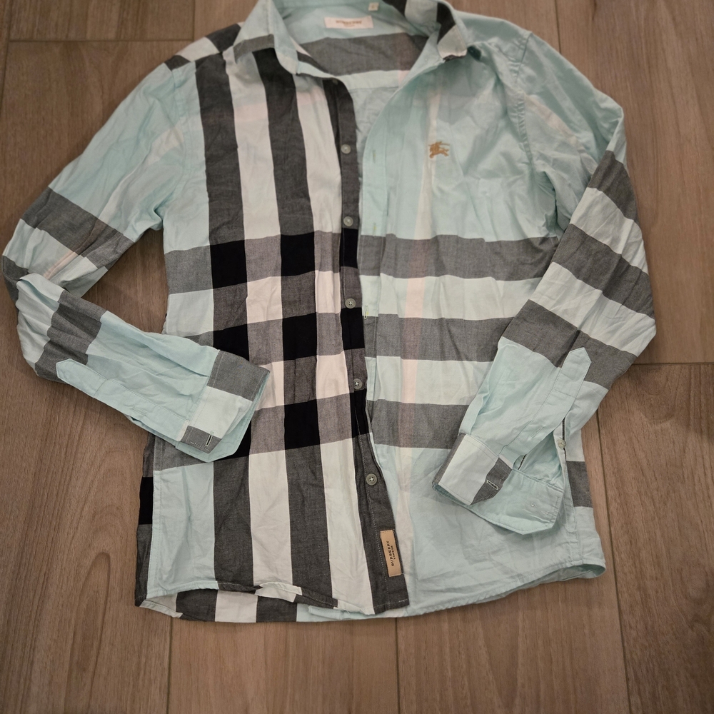 Burberry Men's Checkered Shirt - Aqua and Charcoal